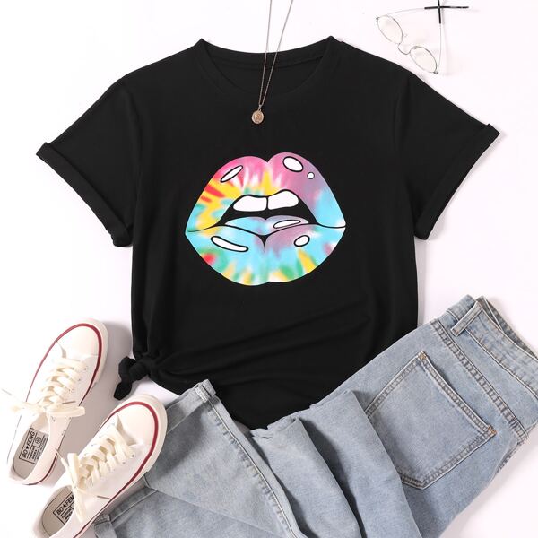

Plus Mouth Print Crew Neck Tee, Black