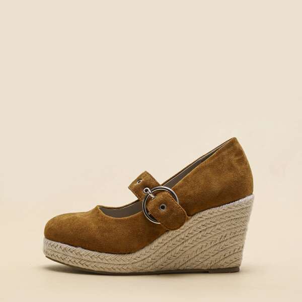 

Eyelet Buckle Decor Espadrille Wedges, Brown