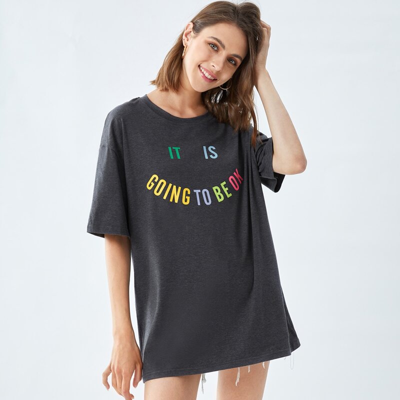 

Letter Drop Shoulder Oversized Tee, Dark grey