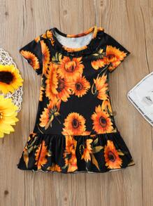 Bebé niña Vestido con estampado de girasol bajo con fruncido - Multicolor - Ver 1