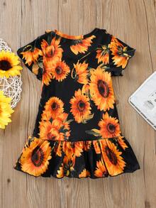 Bebé niña Vestido con estampado de girasol bajo con fruncido - Multicolor - Ver 2
