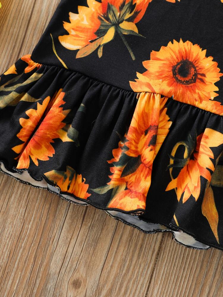 Baby Girl Sunflower Print Ruffle Hem Dress - Multicolor - View 4