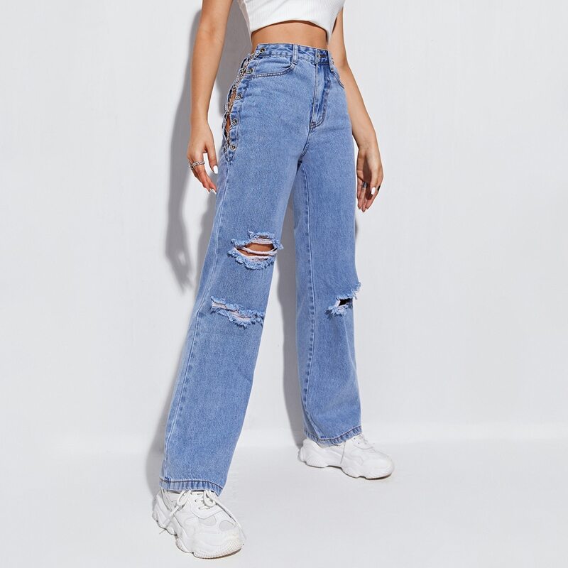 

High Waist Chain Lace Up Ripped Jeans, Medium wash