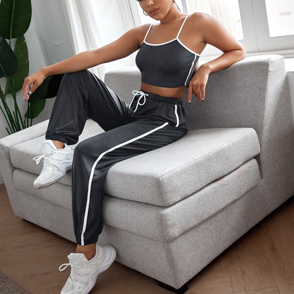 

Binding Crop Cami Top & Drawstring Sweatpants, Dark grey