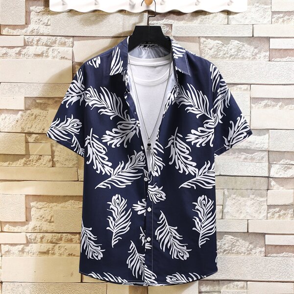 

Men 1pc Tropical Print Button Up Shirt, Navy blue
