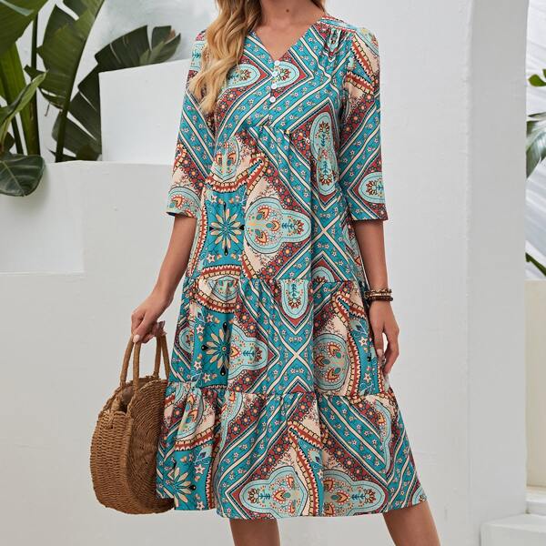 

Floral Button Front Smock Dress, Multicolor