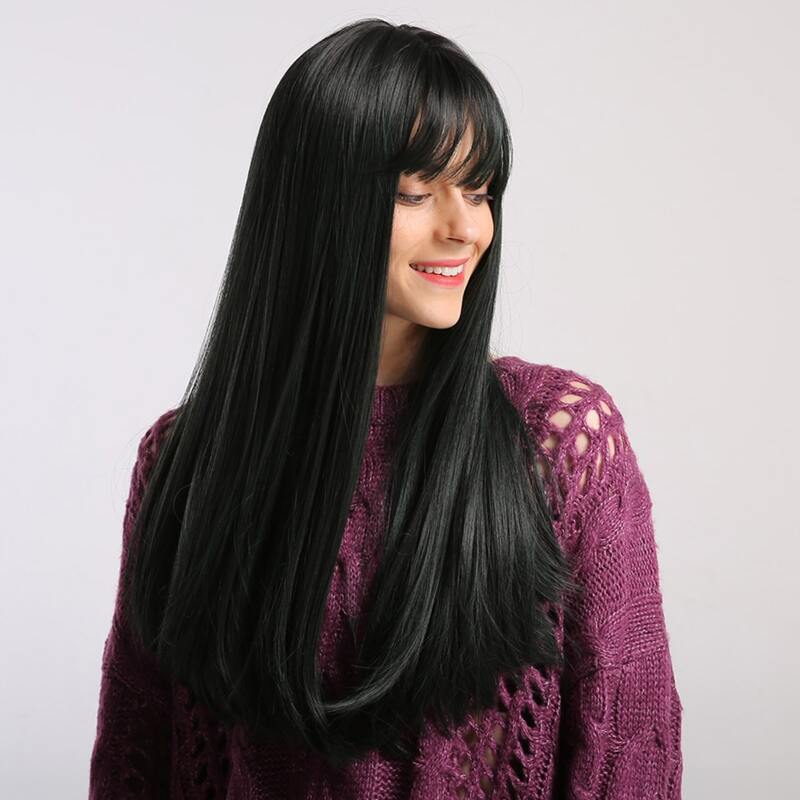 

Natural Long Straight Wig With Bangs, Navy blue