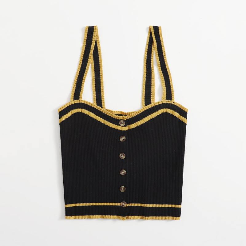 

Contrast Binding Button Front Knit Top, Black