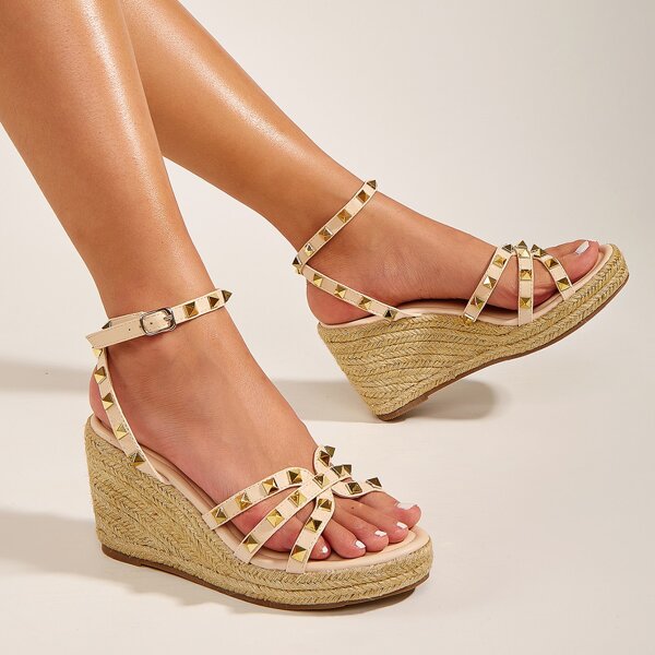 

Studded Decor Ankle Strap Wedge Sandals, Beige