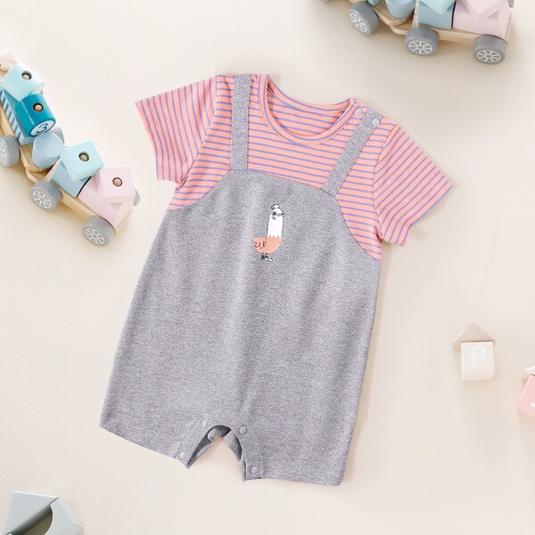 

Baby Girl Striped Cartoon Graphic 2 In 1 Romper, Multicolor