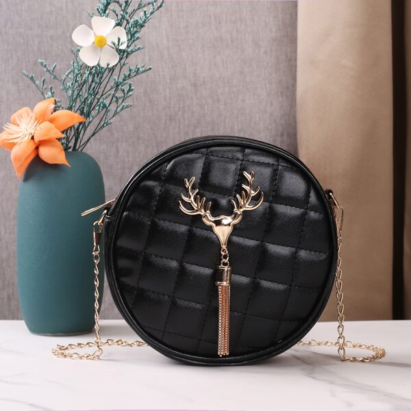

Tassel Charm Quilted Circle Bag, Black