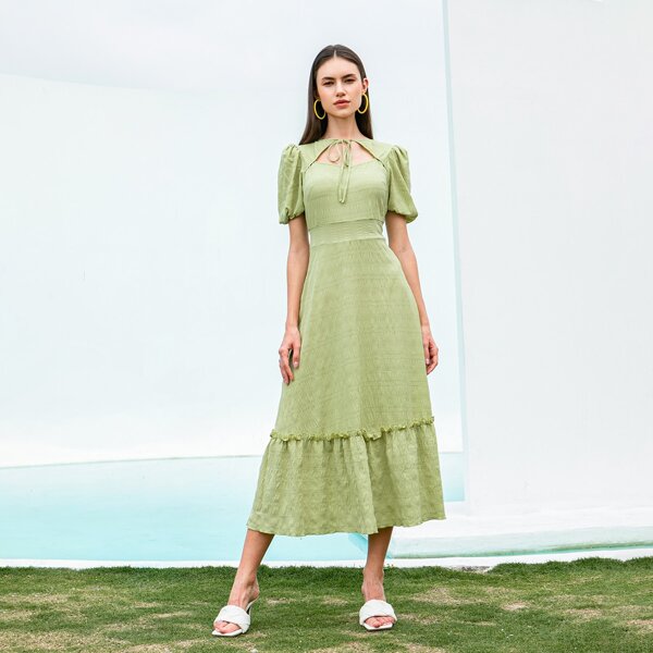 

Tie Neck Puff Sleeve Ruffle Hem Dress, Green