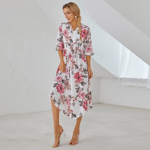 

Lantern Sleeve Shirred Waist Floral Dress, Multicolor