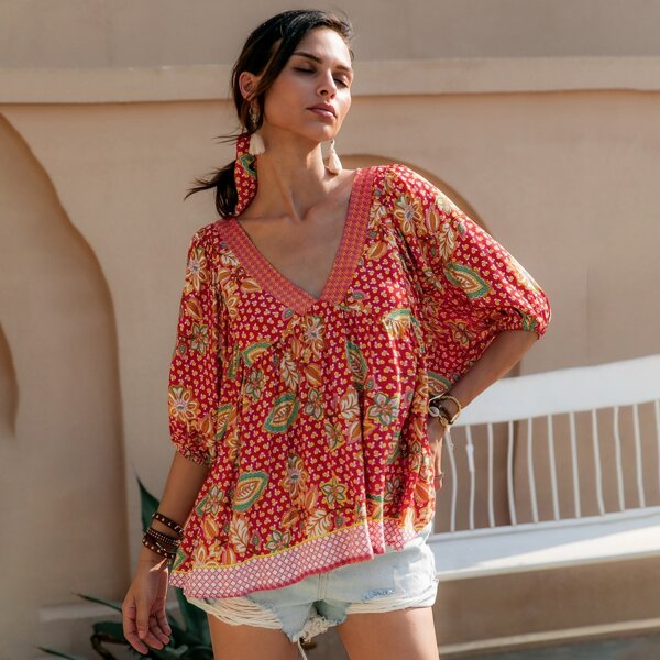 

Lantern Sleeve Floral Print Top, Multicolor