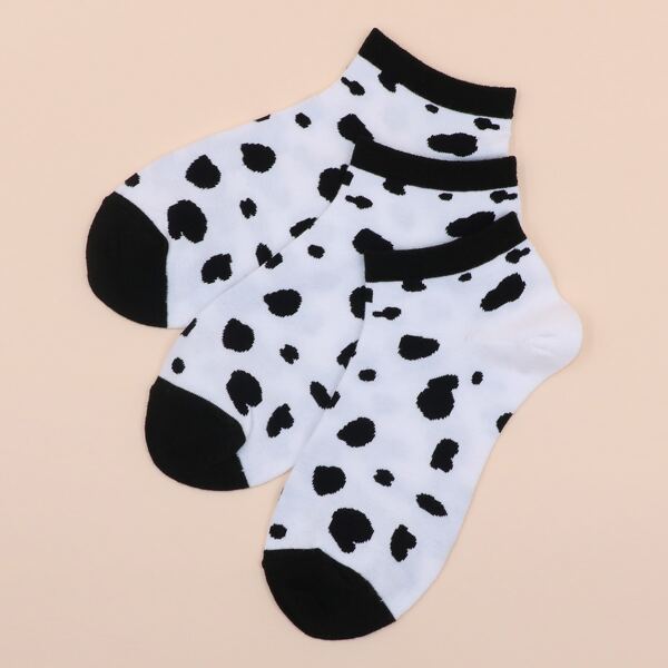 

3pairs Dalmatian Print Ankle Socks, Black and white