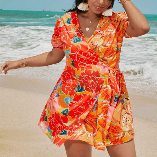 

Plus Floral Print Knot Side Wrap Dress, Multicolor