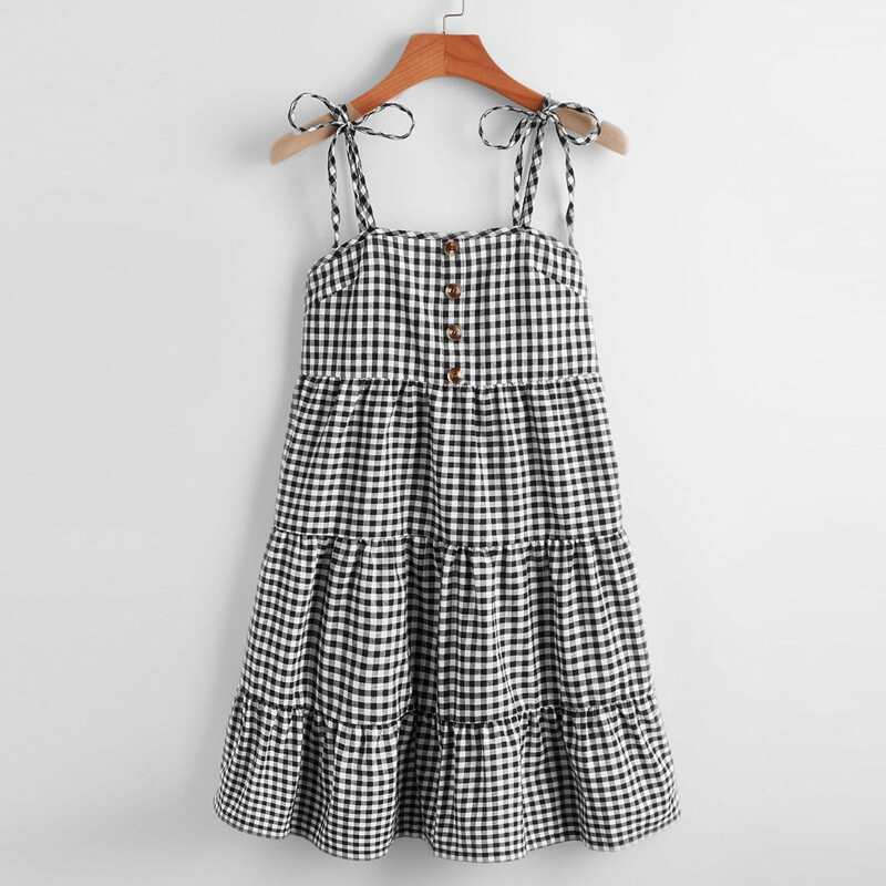 

Gingham Button Tie Shoulder Dress, Black and white
