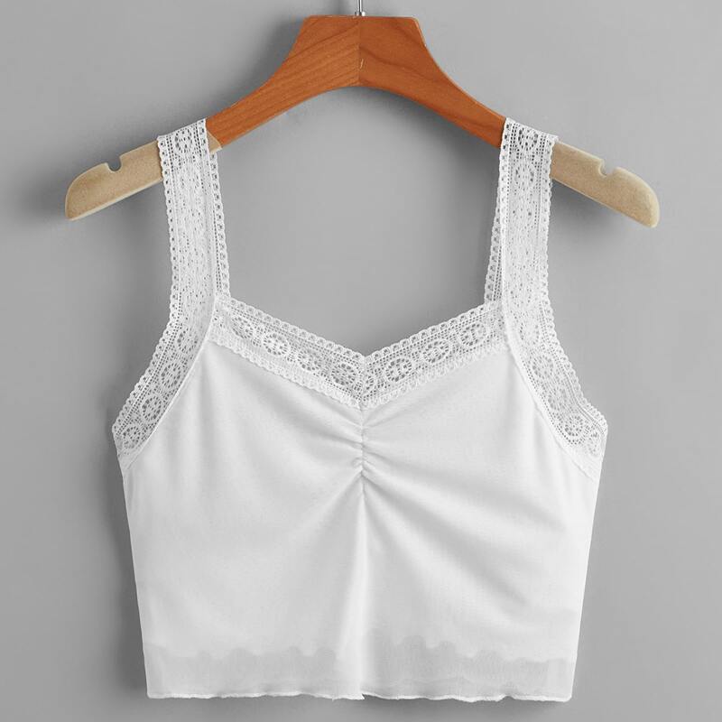 

Contrast Lace Ruched Cami, White