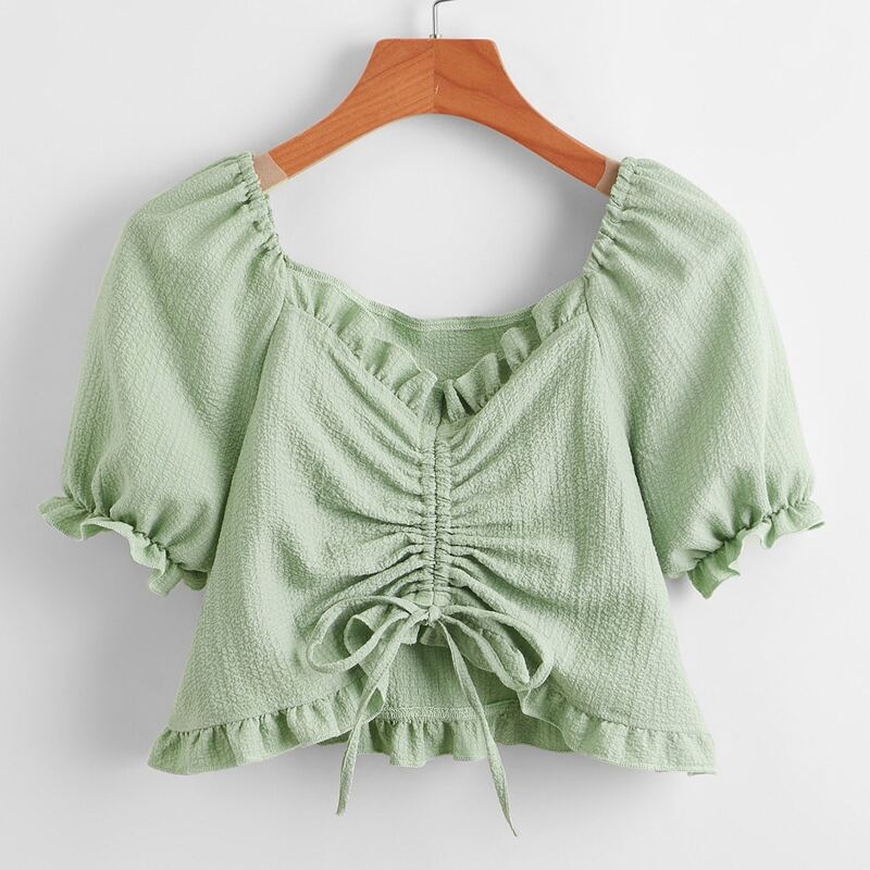 

Solid Drawstring Ruched Blouse, Lime green