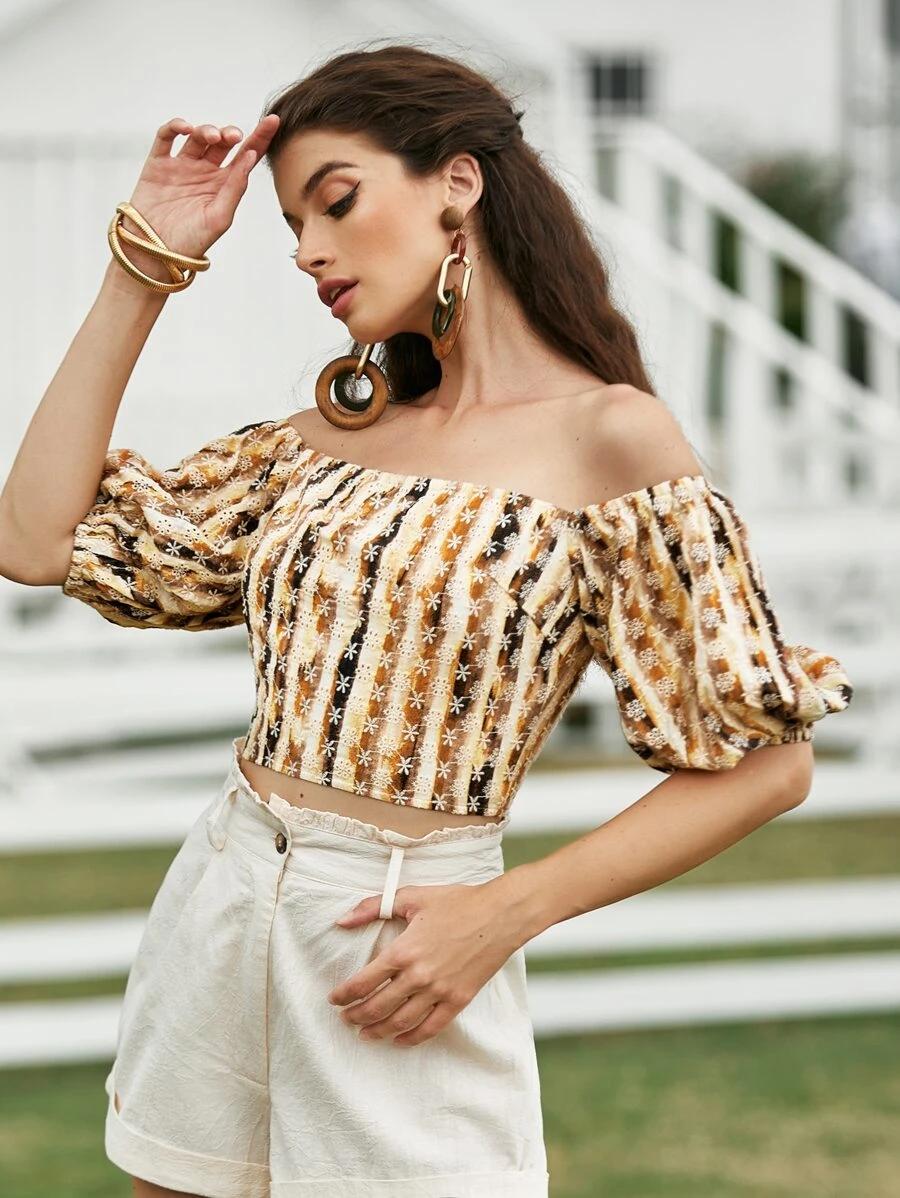 SHEIN Top De Hombro Descubierto Con Bordado Floral - Multicolor - Ver 1