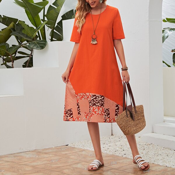 

Floral Print Tunic Dress, Orange