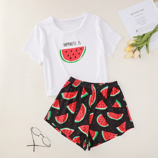 

Watermelon And Slogan Graphic Pajama Set, Multicolor