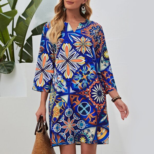 

All Over Print Notched Neck Tunic Dress, Multicolor