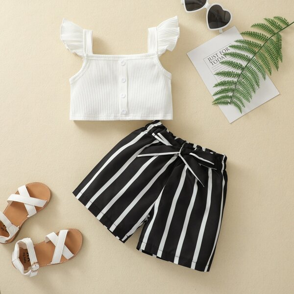 

Baby Girl Ruffle Cuff Cami Top With Striped Shorts, Black and white