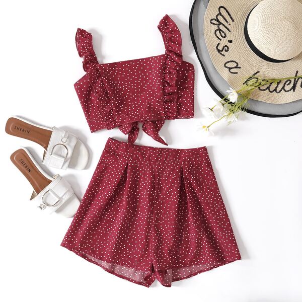 

Polka Dot Ruffle Trim Tie Back Cami Top & Shorts, Burgundy