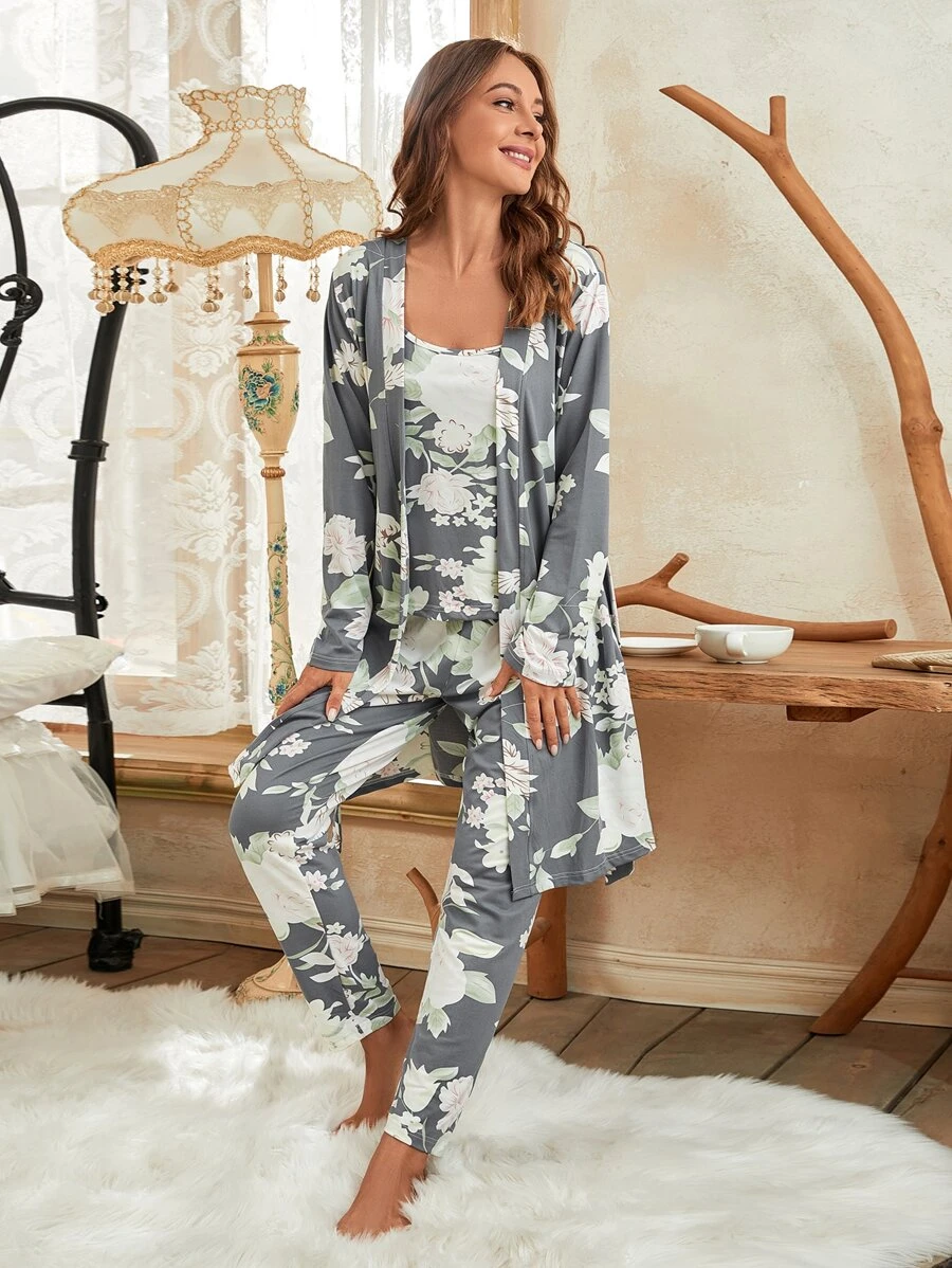 Moireta 3pcs Floral Print Belted Robe & Cami Top & Pants Set, Pajama Set, Fall Winter Clothes - Multicolor - View 1