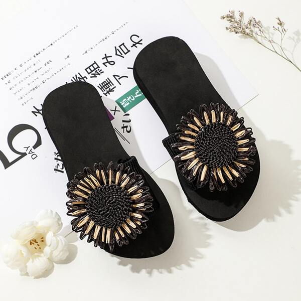 

Toddler Girls Flower Decor Slippers, Black