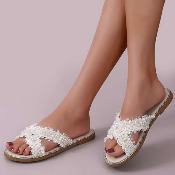 

Faux Pearl Decor Criss Cross Slide Sandals, Beige