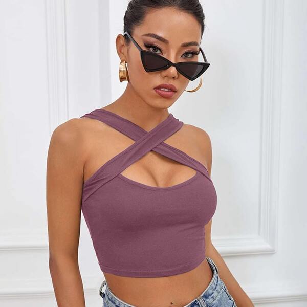 

Crisscross Front Crop Cami Top, Mauve purple