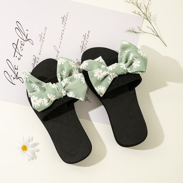 

Toddler Girls Daisy Print Bow Decor Slippers, Green