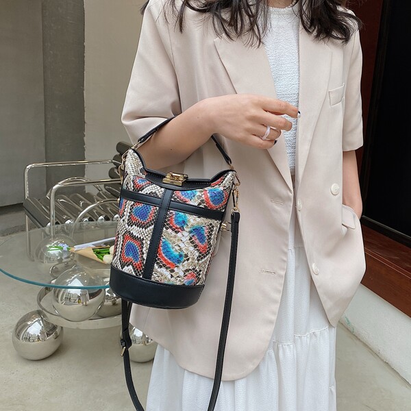 

Snakeskin Print Bucket Bag, Multicolor