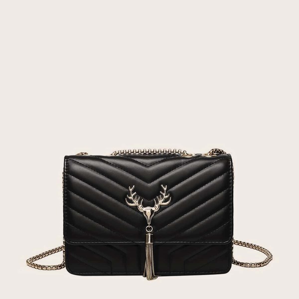 

Tassel Charm Chevron Chain Bag, Black