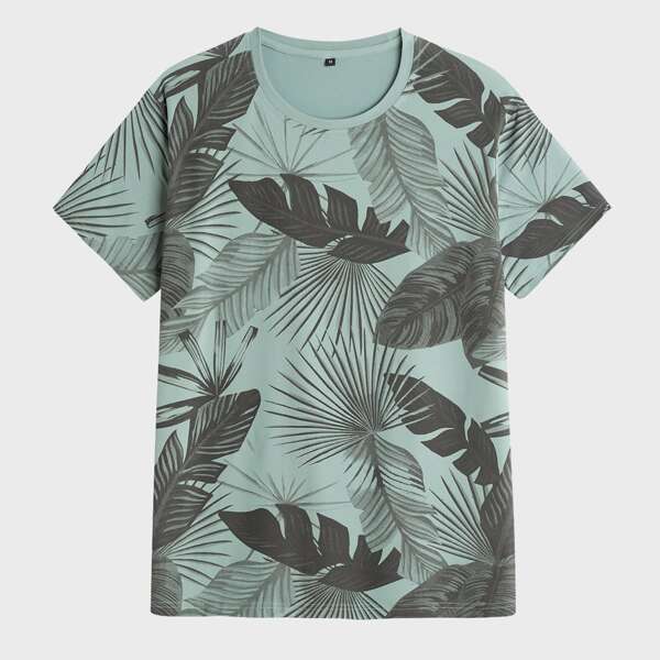 

Men Tropical Print Crew Neck Tee, Mint green