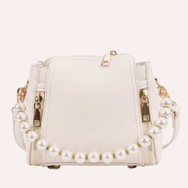 

Faux Pearl Strap Satchel Bag, Beige