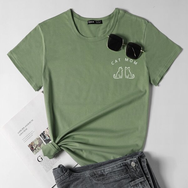 

Letter and Cat Print Top, Olive green