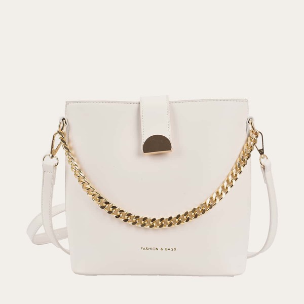 

Letter Graphic Chain Satchel Bag, Beige