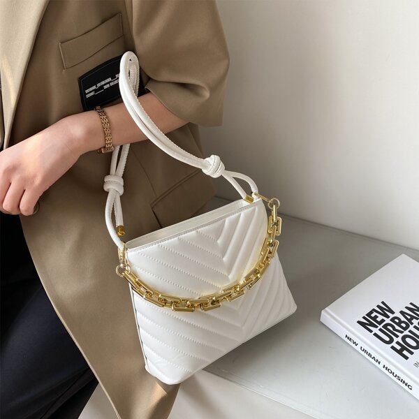 

Chevron Chain Bucket Bag, White