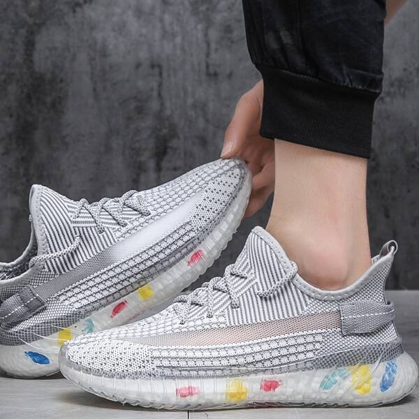 

Men Lace Up Decor Knit Sneakers, White