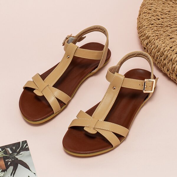 

T-strap Flat Sandals, Apricot
