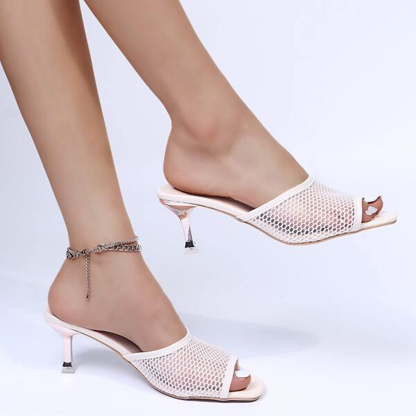 

Minimalist Mesh Panel Sandal Mules, Beige