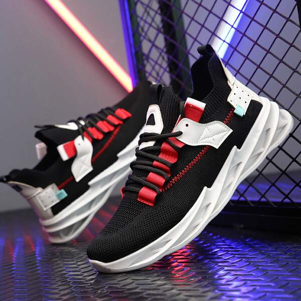 

Men Lace Up Decor Running Shoes, Black