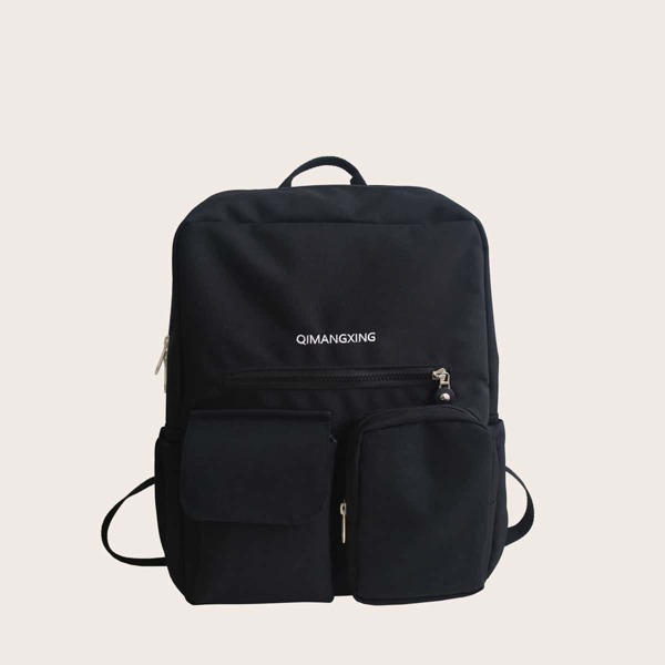 

Men Letter Embroidered Pocket Front Backpack, Black