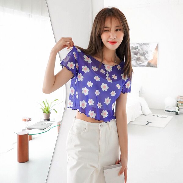 

Allover Floral Sheer Mesh Top, Blue