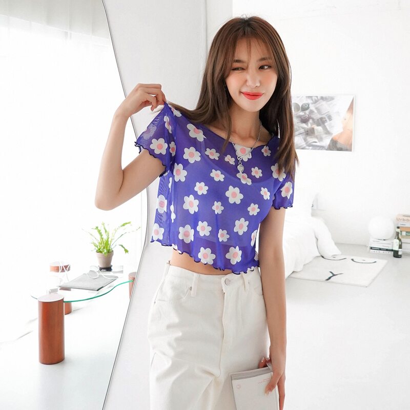 

Allover Floral Sheer Mesh Top, Blue