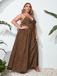 SHEIN VCAY Plus Size Leopard Print Bow Front Flowy Dress - Multicolor - View 5