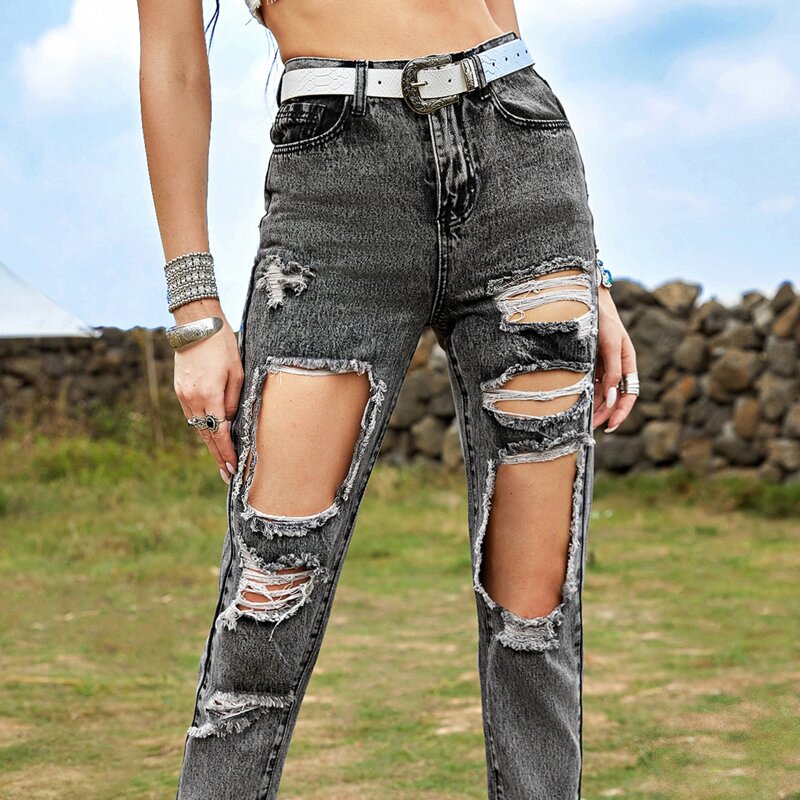 

High Waist Ripped Jeans Without Belt, Grey